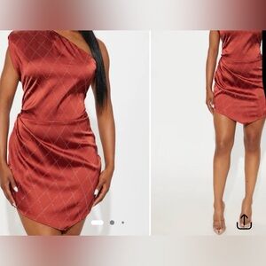 Satin Rhinestone Rust One Shoulder Dress L